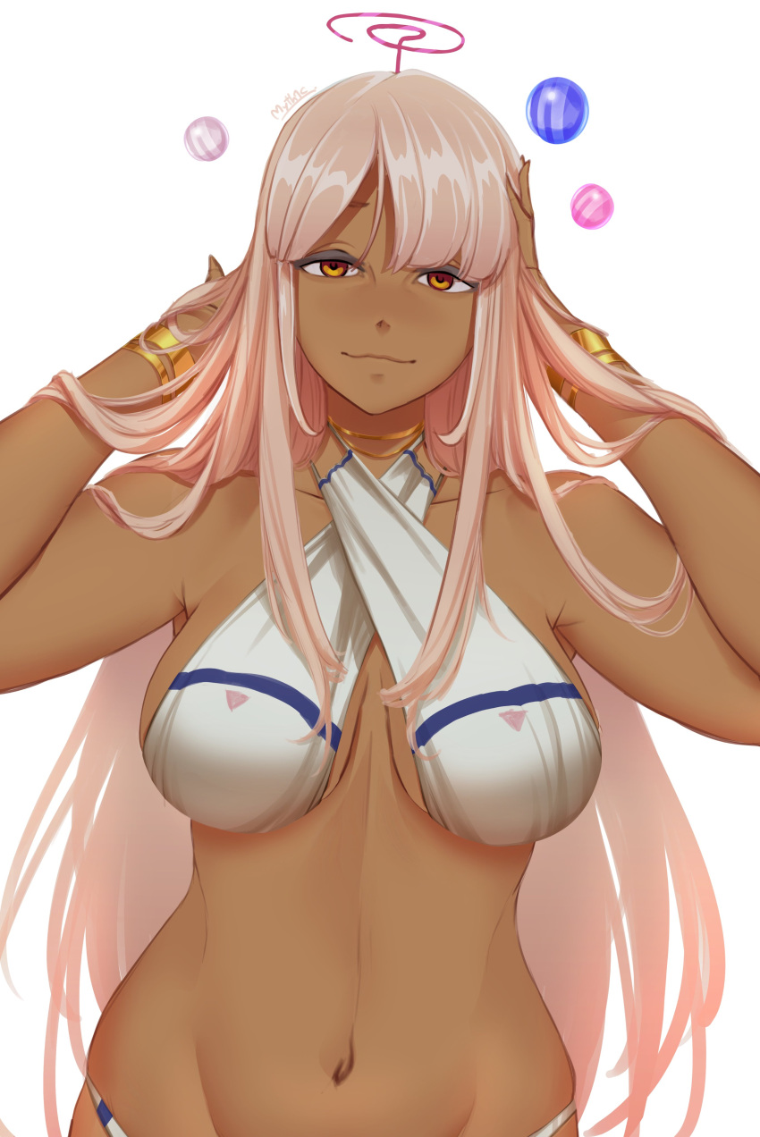 1girl absurdres bangs blonde_hair breasts dark-skinned_female dark_skin hair_ornament highres hololive hololive_english large_breasts limiter_(tsukumo_sana) long_hair looking_at_viewer myth1carts navel smile swimsuit tsukumo_sana very_long_hair virtual_youtuber white_background yellow_eyes