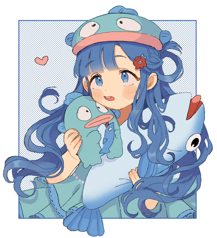 1girl animal blue_border blue_eyes blue_hair blush border curly_hair dot_nose dotted_background dress fish frilled_dress frills green_dress hair_ornament hairclip hat heart highres holding holding_animal holding_fish holding_stuffed_toy long_hair looking_up open_mouth original sidelocks solo stuffed_toy teeth wadachi