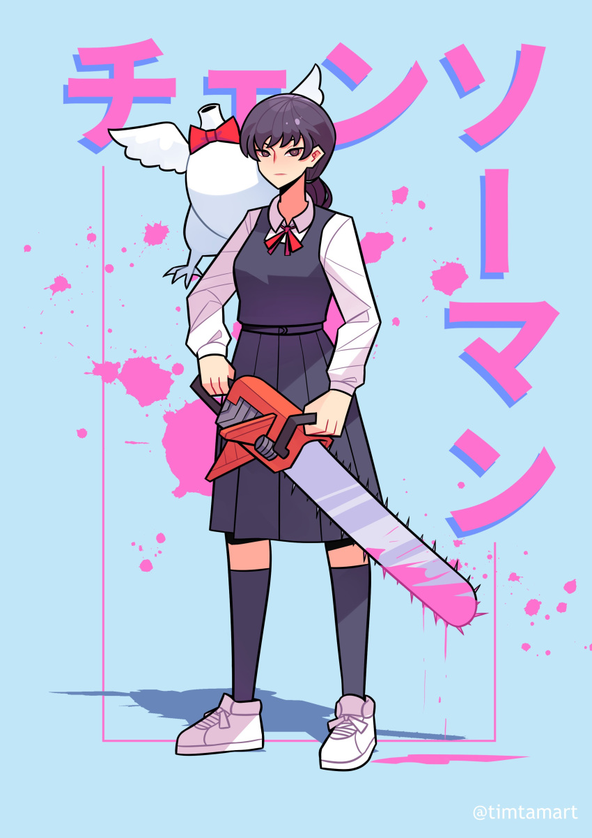 1girl absurdres animal bangs bird black_eyes black_hair black_socks blood blood_splatter blue_background bow bowtie bucky_(chainsaw_man) chainsaw chainsaw_man chicken closed_mouth copyright_name expressionless full_body headless highres holding holding_chainsaw kneehighs long_skirt long_sleeves looking_at_viewer mitaka_asa pink_blood ponytail red_bow red_bowtie school_uniform shadow shirt shoes simple_background skirt socks timtam twitter_username white_footwear