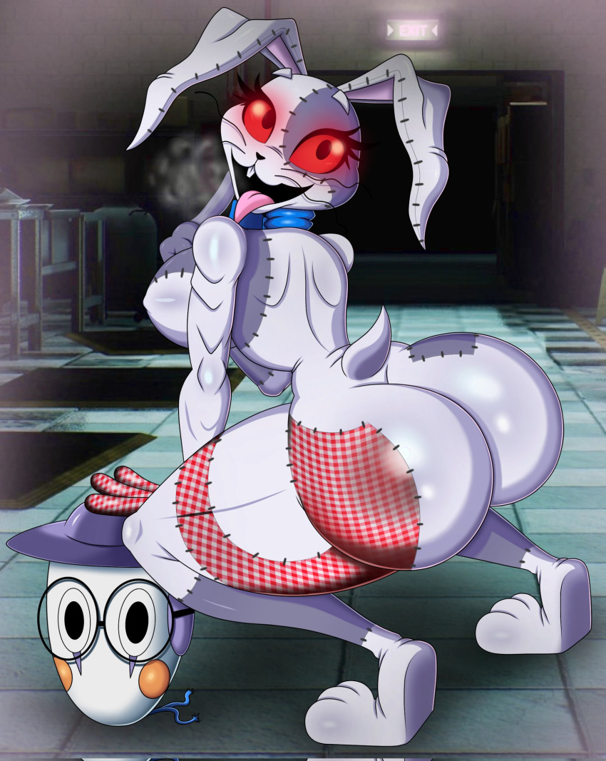 anthro big_breasts big_butt black_eyes blue_bow bow_(disambiguation) breasts buckteeth butt drawsfigures eyebrows eyelashes female five_nights_at_freddy's fur glowing glowing_eyes grey_body grey_fur hi_res huge_butt lagomorph leporid looking_at_viewer looking_back looking_back_at_viewer mammal open_mouth patch_(fabric) pink_tongue rabbit raised_eyebrows rear_view red_sclera scottgames seam_(sewing) small_waist solo stitch_(sewing) teeth thick_thighs tongue vanny_(fnaf) video_games whiskers white_body white_fur wide_hips