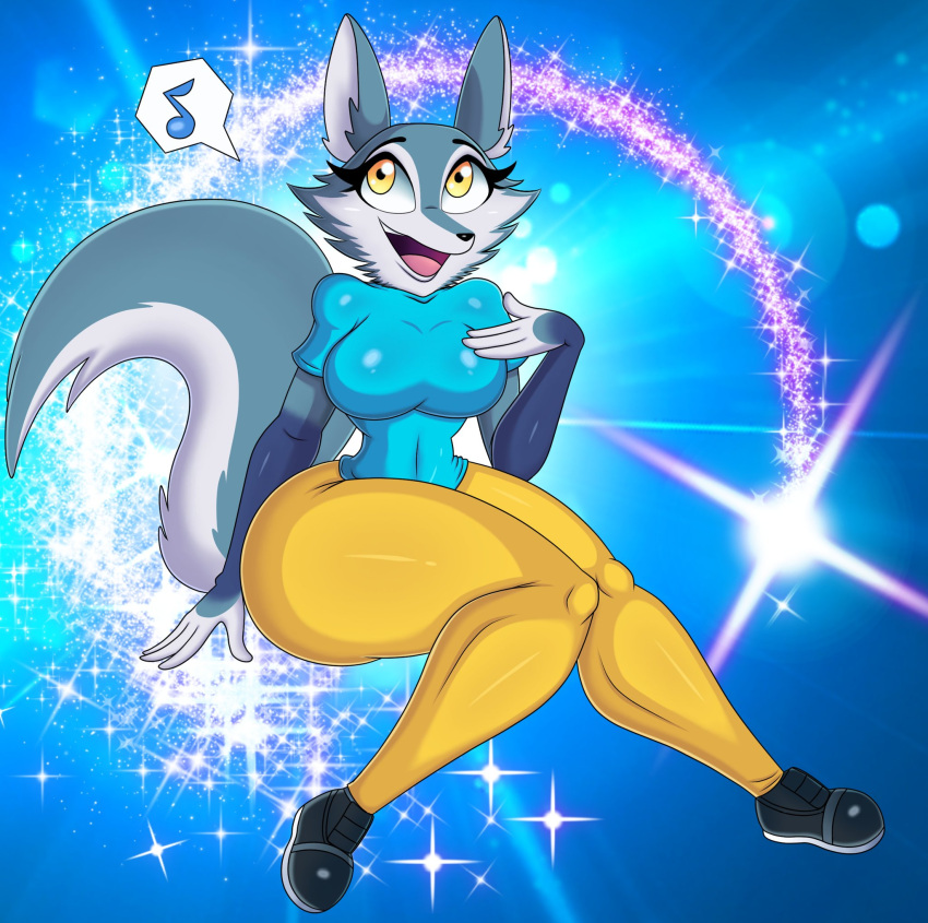 4_fingers anthro big_breasts big_tail black_clothing black_footwear black_shoes blue_background blue_clothing blue_shirt blue_topwear bottomwear breasts canid canine canis clothing drawsfigures eyelashes female fingers footwear fur grey_body grey_fur grey_tail hand_on_chest hi_res illumination_entertainment long_tail mammal musical_note navel_outline open_mouth pants porsha_crystal shirt simple_background sing_(movie) small_waist solo sparkles speech_bubble thick_thighs topwear white_body white_fur white_tail wide_hips wolf yellow_bottomwear yellow_clothing yellow_eyes yellow_pants