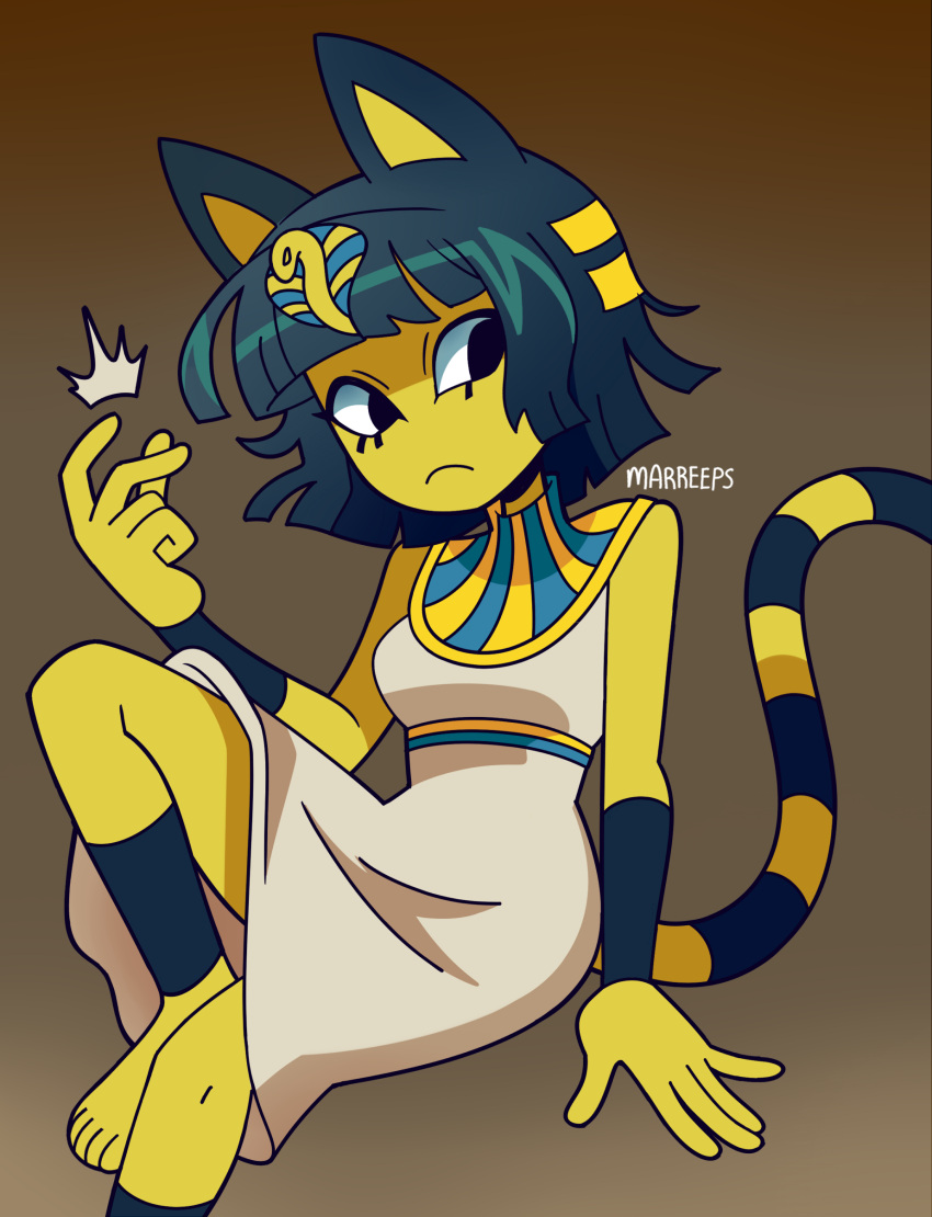 1girl :c ^^^ absurdres animal_crossing animal_ears animal_hair_ornament ankha_(animal_crossing) anklet arm_support arm_up bangs bare_arms barefoot black_eyes blunt_bangs blunt_ends bob_cut bracelet brown_background cat_ears cat_girl cat_tail closed_mouth colored_skin commentary dark_blue_hair dress egyptian egyptian_clothes english_commentary expressionless eyeliner foot_out_of_frame gradient gradient_background hair_ornament head_tilt highres invisible_chair jewelry knee_up light_frown looking_at_viewer looking_to_the_side makeup marreeps no_nose personification shade short_hair signature simple_background sitting sleeveless sleeveless_dress snake_hair_ornament snapping_fingers solo striped_tail tail tail_raised toes toon_(style) uraeus usekh_collar white_dress yellow_skin