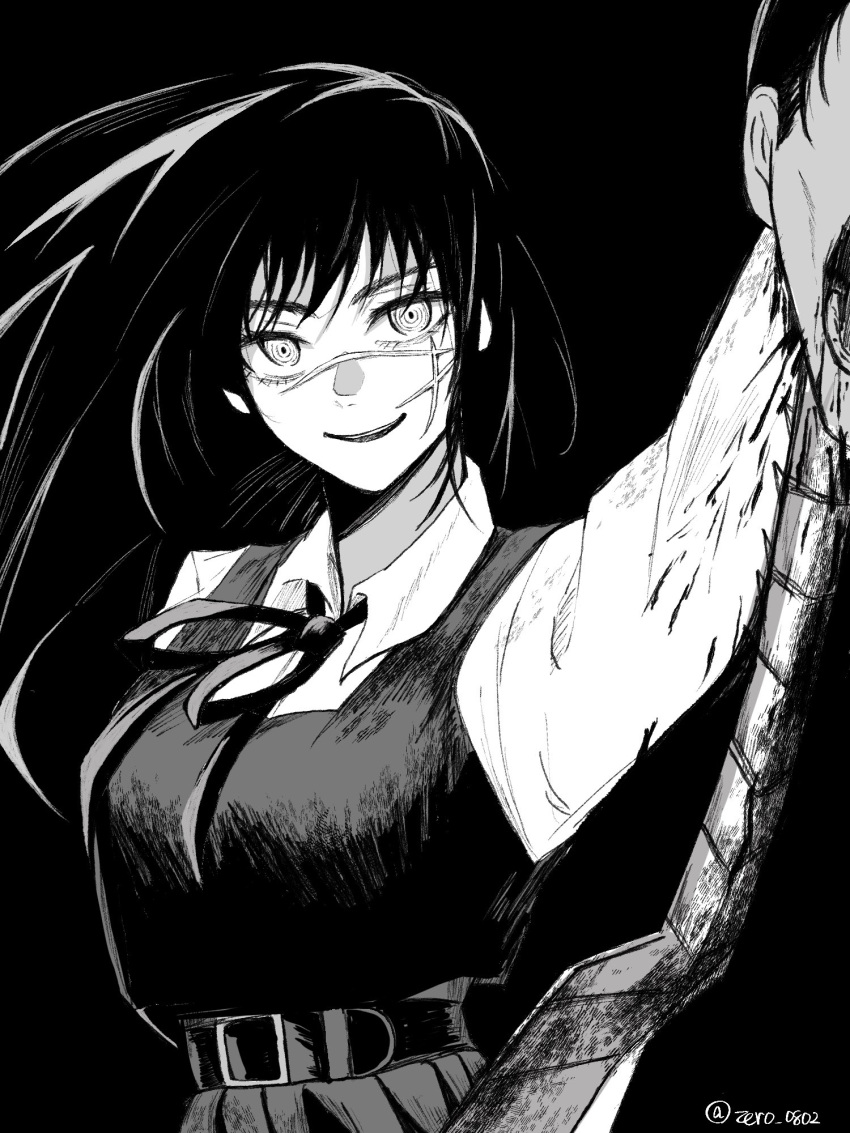 1girl arm_up bangs belt blood chainsaw_man collared_shirt cross_scar dark greyscale high-waist_pants highres holding holding_another's_head looking_at_viewer madaosw mitaka_asa monochrome open_mouth ribbon ringed_eyes scar scar_on_cheek scar_on_face severed_head shirt smile solo spine twitter_username upper_body war_devil_(chainsaw_man)