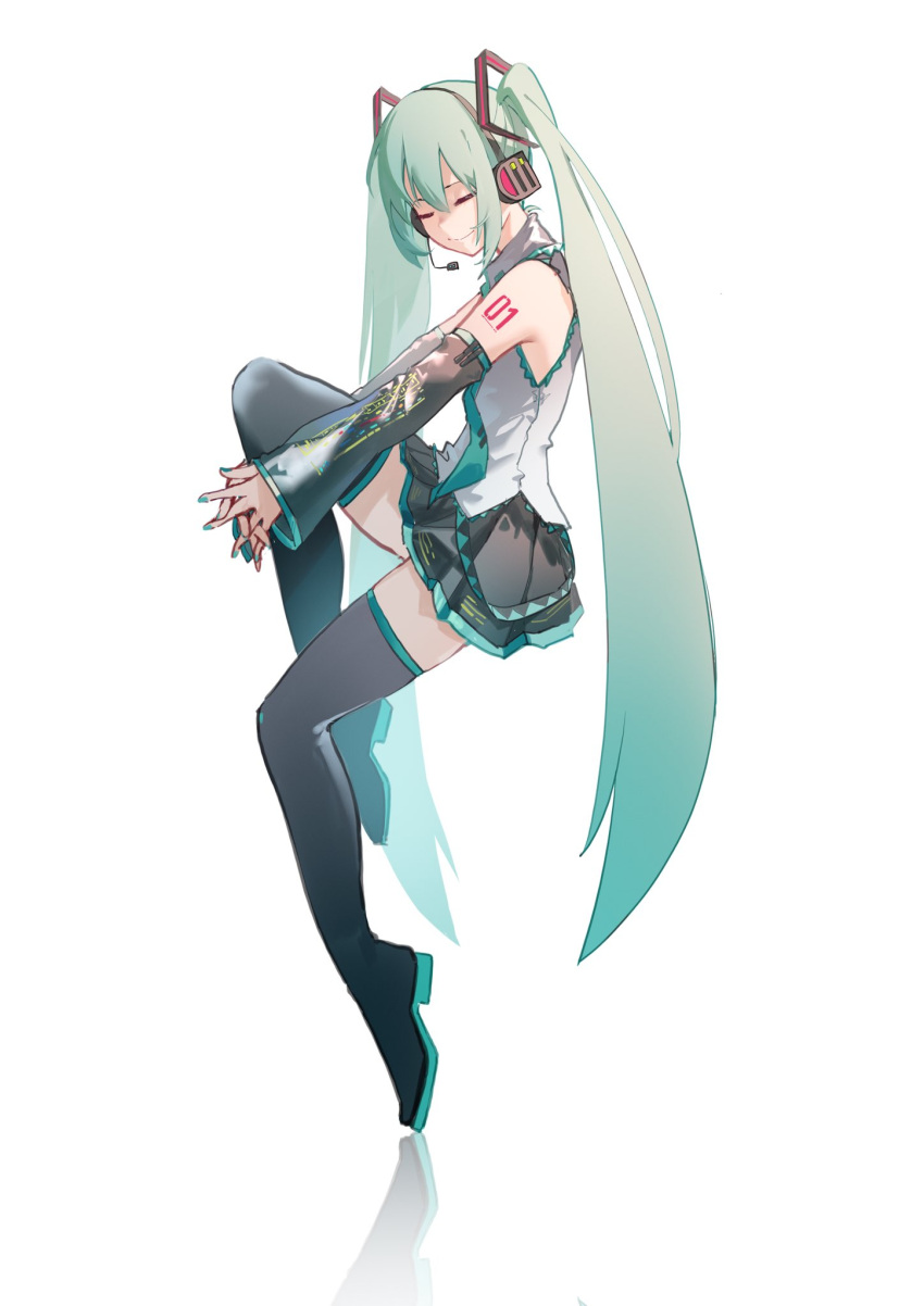 1girl aqua_hair aqua_nails aqua_necktie arm_tattoo bangs bare_shoulders black_footwear black_skirt boots closed_eyes closed_mouth collared_shirt detached_sleeves facing_to_the_side from_side full_body hair_ornament hatsune_miku headset highres hugging_own_legs interlocked_fingers invisible_chair jiuyesang knee_up long_hair looking_at_viewer miniskirt necktie outstretched_arms own_hands_together photo-referenced plantar_flexion pleated_skirt shirt simple_background sitting skirt smile solo tattoo thigh_boots twintails very_long_hair vocaloid white_background white_shirt
