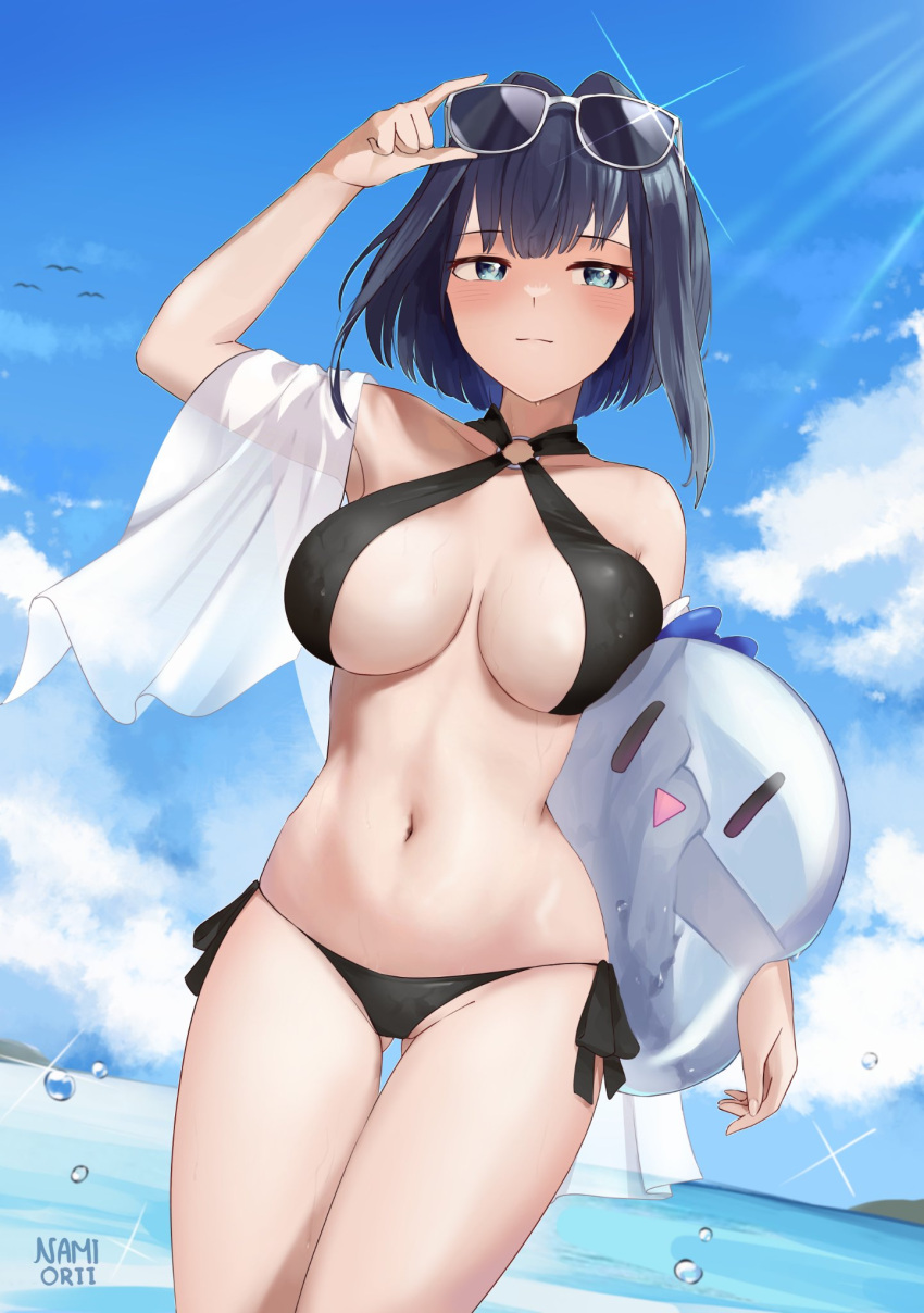 1girl bangs bikini blue_eyes blue_hair blush boros_(ouro_kronii) breasts cleavage eyewear_on_head hair_intakes highres hololive hololive_english large_breasts looking_at_viewer midriff namiorii navel o-ring o-ring_bikini ocean ouro_kronii short_hair solo sunlight swimsuit virtual_youtuber water_drop