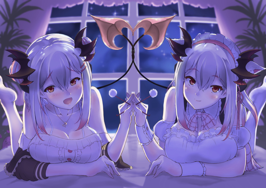 2girls animal_ears arm_under_breasts barefoot black_sleeves blush bow bowtie breasts brown_eyes cat_ears cleavage closed_mouth commentary_request demon_girl demon_horns demon_tail detached_sleeves dress dual_persona full_body grey_hair hair_bun highres honey_strap horns indoors intertwined_tails large_breasts long_hair looking_at_viewer lying mimikaki multicolored_hair multiple_girls night on_stomach open_mouth pantyhose pink_bow pink_bowtie pink_hair plaid plaid_bow plaid_bowtie plant potted_plant sleeveless sleeveless_dress smile suou_patra tail the_pose two-tone_hair virtual_youtuber white_dress white_pantyhose wrist_cuffs zico