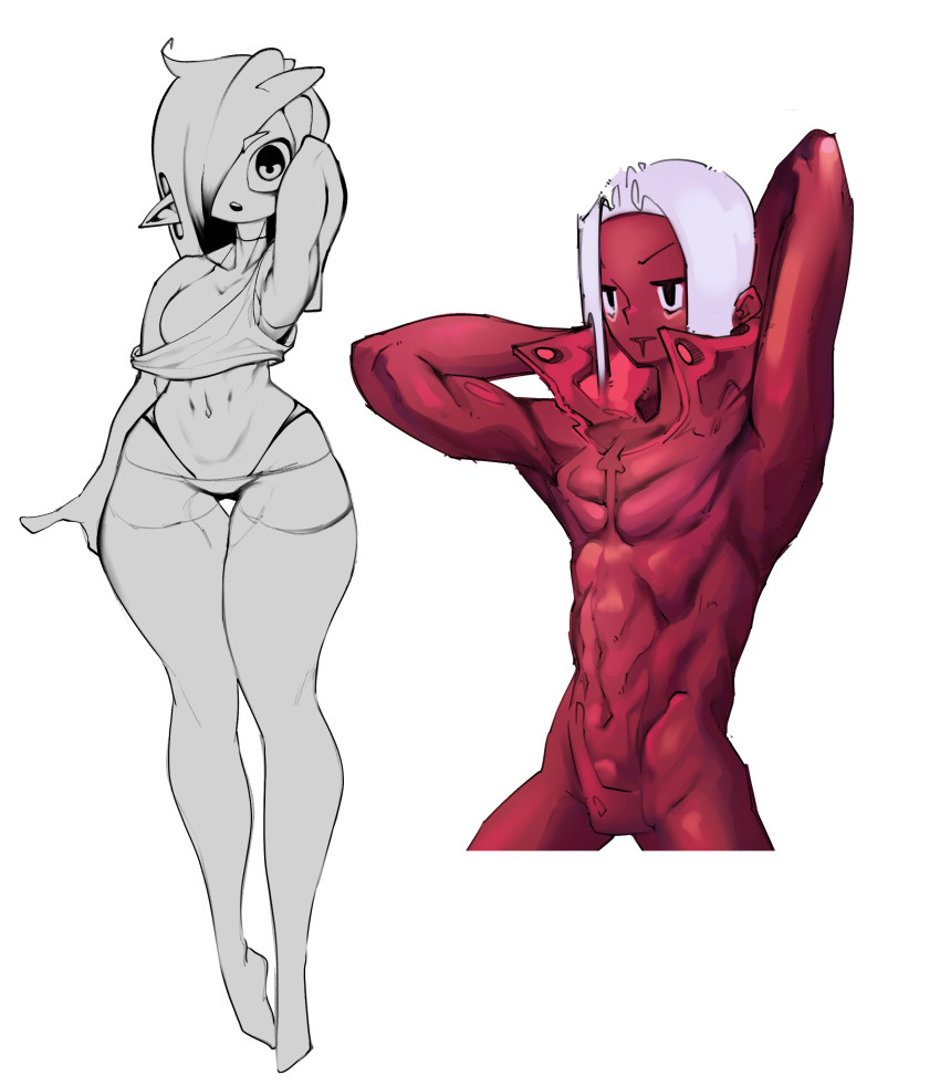 1boy 1girl abs absurdres arm_up armpits arms_behind_head arms_up bloodybedrock bodysuit bulge colored_skin covered_abs covered_navel drooling greyscale hair_over_one_eye highres medium_hair monochrome navel open_mouth original parted_lips pointy_ears purple_hair red_skin short_hair simple_background single_bare_shoulder sketch standing teeth tight toned toned_male turtleneck upper_teeth white_background