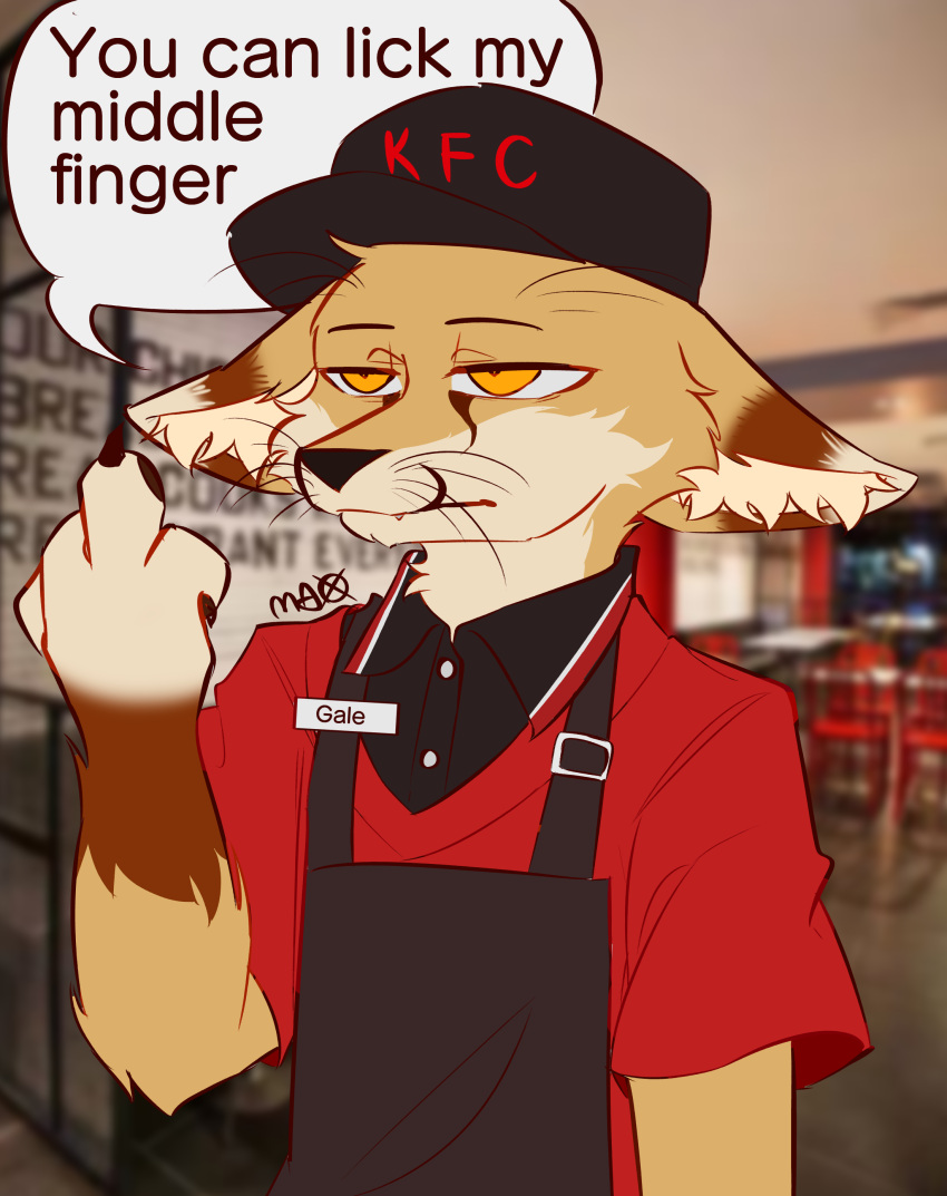 absurd_res anthro apron blurred_background brown_body brown_fur canid canine clothing english_text fennec fox fur gale_(galefoxy) gesture hat headgear headwear hi_res hybrid kfc male mammal middle_finger moujiiz name_tag red_clothing red_fox shirt solo speech_bubble text topwear white_body white_fur yellow_body yellow_eyes yellow_fur