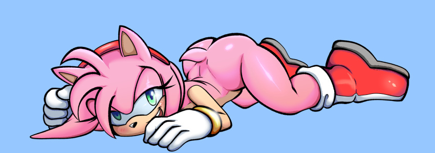 amy_rose anthro ass_up boots butt clothing eulipotyphlan female footwear fours_(artist) gloves green_eyes hair handwear hedgehog hi_res lying mammal on_front pink_body pink_hair sega shazy_(artist) side_view solo sonic_the_hedgehog_(series)