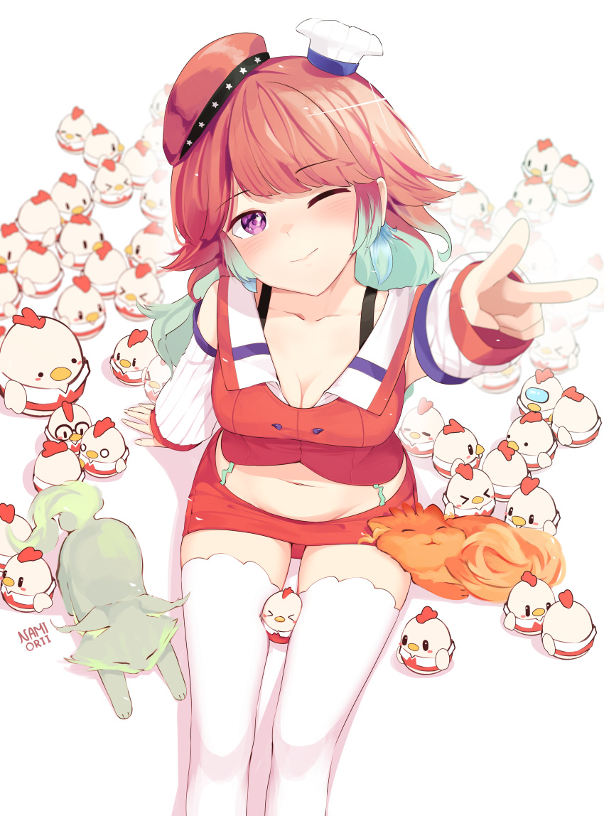1girl absurdres among_us animal aqua_hair bangs beret between_thighs bird blush breasts cat cat_stretch chef_hat chicken cleavage closed_mouth crop_top feathers from_above hat highres hololive hololive_english kfp kfp_employee_(takanashi_kiara) looking_at_viewer looking_up medium_breasts midriff mini_hat miniskirt multicolored_hair namiorii navel one_eye_closed orange_hair sitting skirt sleeping sleeping_on_person stomach stretching suspender_skirt suspenders takanashi_kiara thighhighs thighs two-tone_hair v virtual_youtuber white_thighhighs zettai_ryouiki