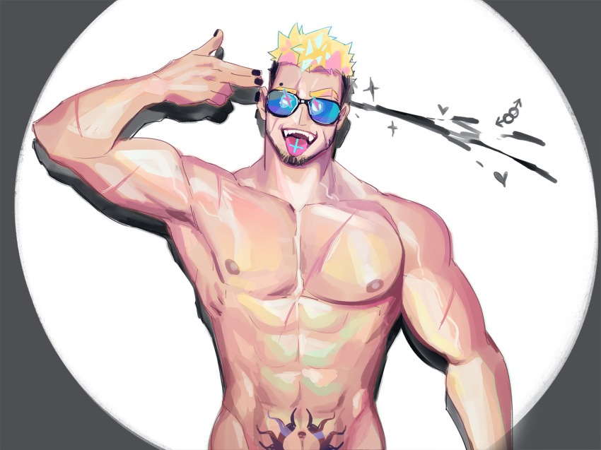 1boy abs absurdres bara black_nails blonde_hair crrispy_shark facial_hair finger_gun finger_gun_to_head gyee highres large_pectorals male_focus muscular muscular_male navel nipples open_mouth pectorals romg short_hair solo stomach_tattoo sunglasses tattoo tongue tongue_out undercut