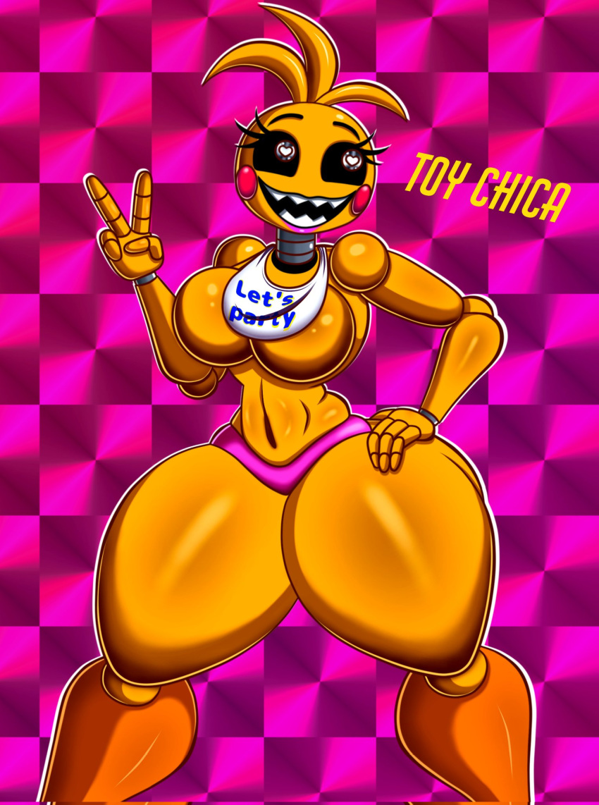&lt;3 &lt;3_eyes animatronic anthro avian bib big_breasts bird black_sclera breasts chicken clothing doll_joints drawsfigures eyelashes featureless_breasts female five_nights_at_freddy's five_nights_at_freddy's_2 galliform gallus_(genus) gesture hand_on_hip head_feathers head_tuft hi_res machine navel panties phasianid pink_background pink_clothing pink_panties pink_underwear purple_background robot rosy_cheeks scottgames sharp_teeth simple_background smile solo teeth text thick_thighs toy_chica_(fnaf) tuft underwear v_sign video_games white_eyes wide_hips yellow_body