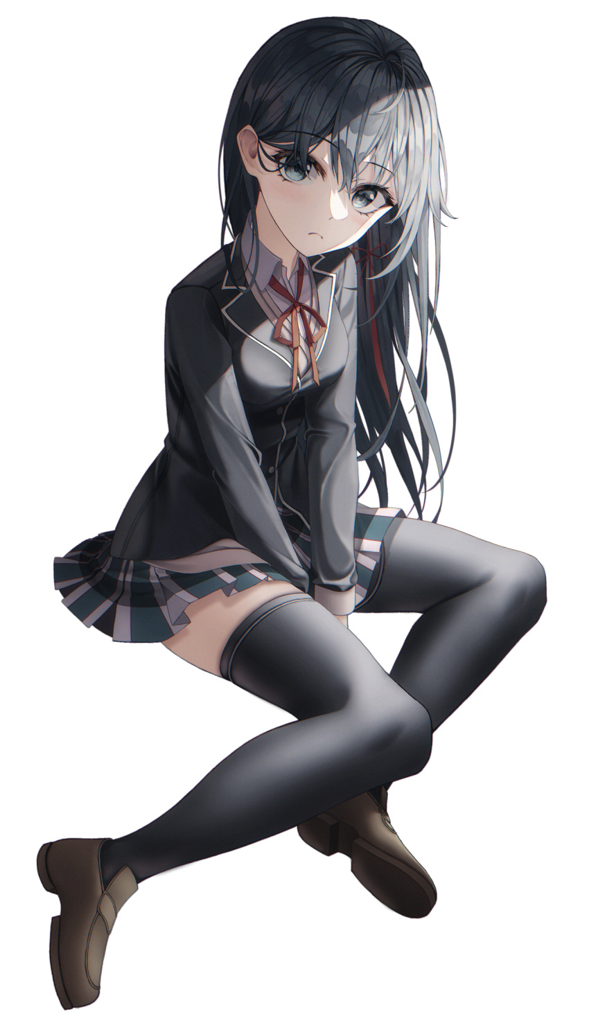 1girl :&lt; bangs between_legs black_hair black_jacket black_thighhighs breasts brown_footwear buttons closed_mouth collared_shirt commentary full_body hair_between_eyes hand_between_legs head_tilt highres isanghun11 jacket legs loafers long_hair long_sleeves looking_at_viewer medium_breasts miniskirt neck_ribbon red_ribbon ribbon school_uniform shirt shoes sidelighting simple_background sitting skirt sobu_high_school_uniform solo straight_hair thighhighs white_background white_shirt yahari_ore_no_seishun_lovecome_wa_machigatteiru. yukinoshita_yukino zettai_ryouiki