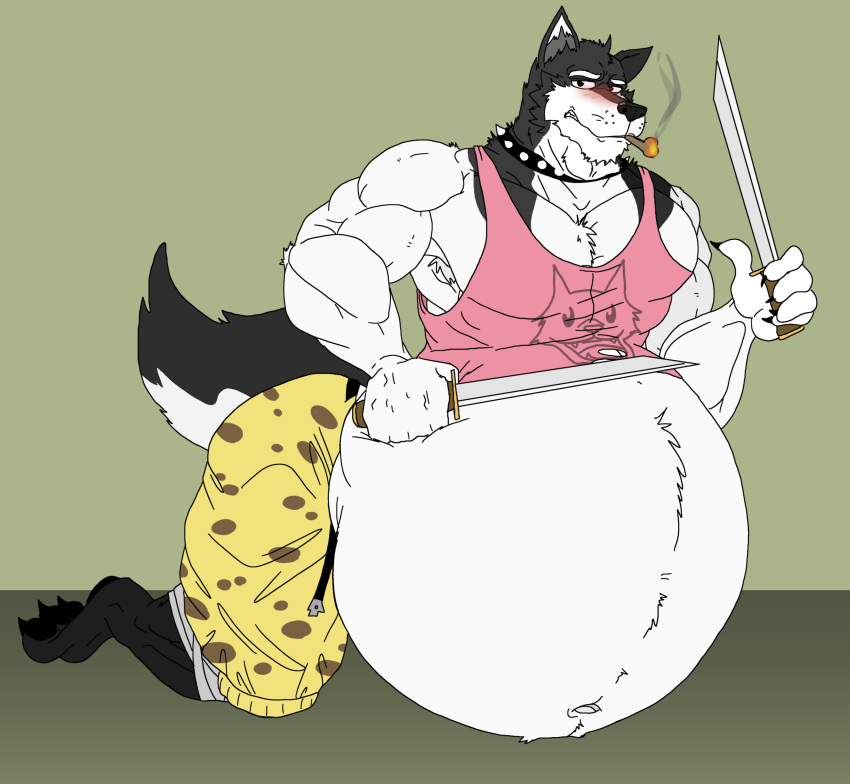 5_fingers absurd_res anthro armpit_hair belly big_belly blade blush body_hair canid canine canis clothing dagger doggo_(undertale) domestic_dog dual_wielding fingers fist fur gesture hi_res holding_object holding_weapon jakeshepherd502 looking_at_viewer male mammal melee_weapon musclegut muscular muscular_anthro muscular_male pattern_clothing pink_clothing pink_shirt pink_tank_top pink_topwear shirt simple_background smoking solo spots spotted_clothing tank_top thumbs_up topwear unbuckled_belt undertale undertale_(series) video_games weapon white_belly white_body white_fur