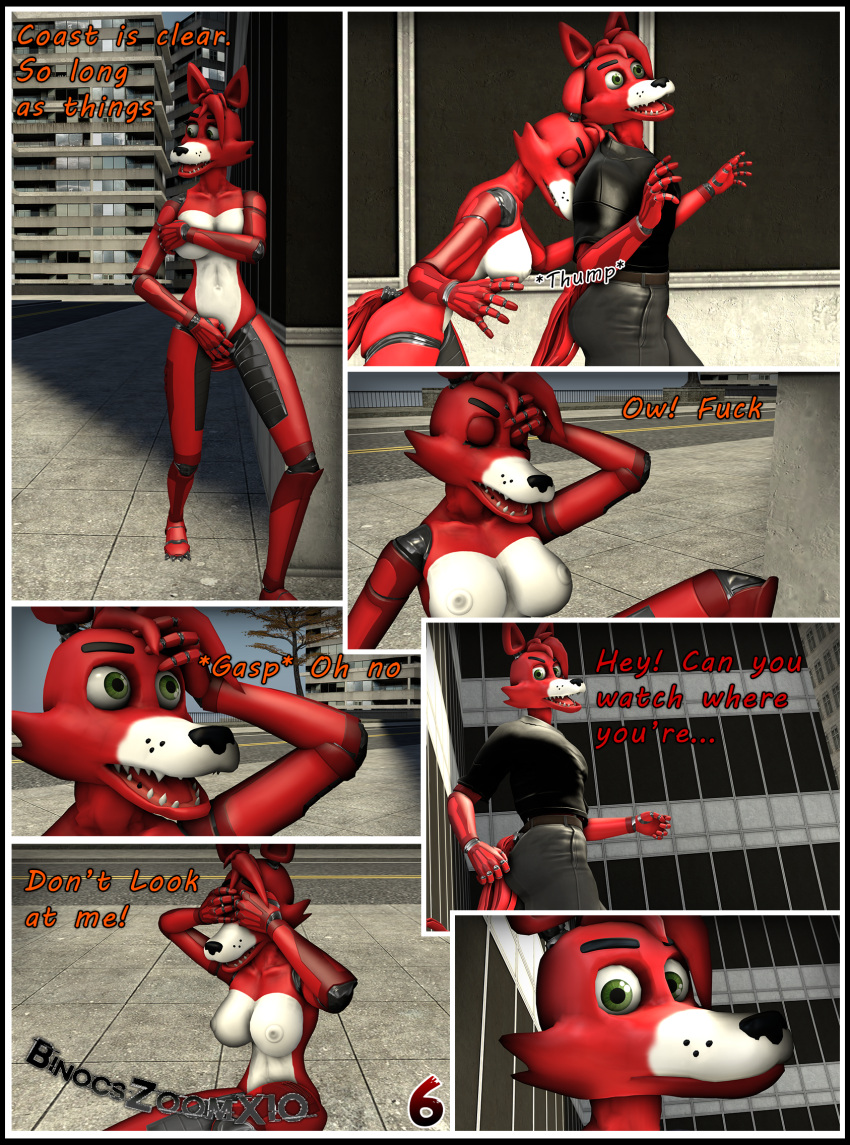 3d_(artwork) 5_fingers animatronic anthro big_breasts binocszoomx10 breasts canid canine caught clothed clothed/nude clothed_male_nude_female clothing covering covering_self digital_media_(artwork) embarrassed embarrassed_nude_female english_text female fingers five_nights_at_freddy's fox foxy_(fnaf) genitals hair hi_res machine male male/female mammal nude open_mouth public public_nudity robot scottgames source_filmmaker text video_games