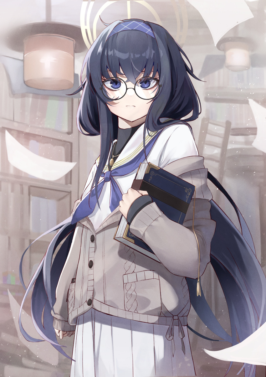 1girl absurdres bangs black_eyes black_hair blue_archive blurry book bookshelf carrying commentary_request depth_of_field eyes_visible_through_hair glasses hair_between_eyes hairband halo highres jewelry library long_hair long_sleeves looking_at_viewer low_twintails megu_(pixiv9460065) necklace paper pleated_skirt school_uniform serafuku sidelocks skirt solo sweater turtleneck twintails ui_(blue_archive)