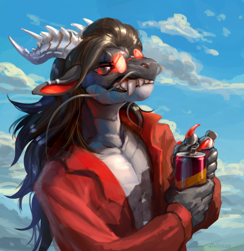 2022 5_fingers akineza anthro asian_mythology clothed clothing day detailed_background digital_media_(artwork) dragon ear_piercing ear_ring east_asian_mythology eastern_dragon fingers hi_res horn looking_at_viewer male mythology outside piercing red_eyes ring_piercing sky