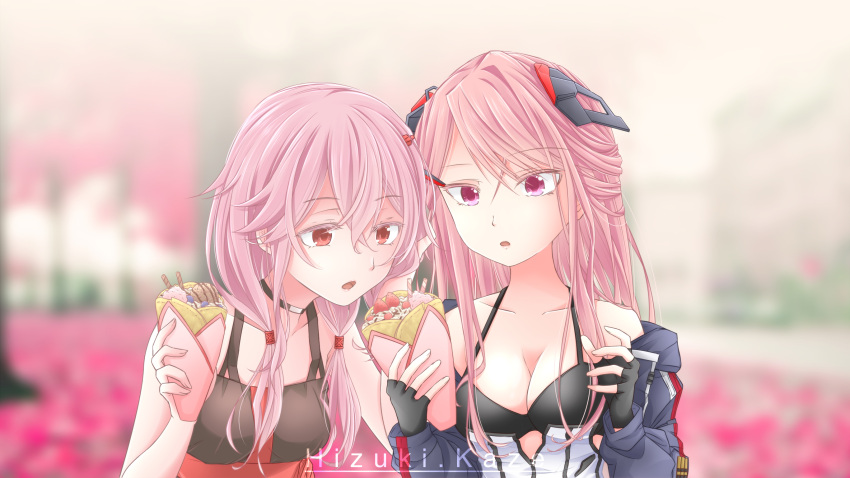 2girls :o artist_name bangs bare_shoulders black_bra black_choker black_dress black_gloves blue_jacket blurry blurry_background bra bra_strap breasts choker cleavage collarbone crepe dress english_commentary fingerless_gloves food girls'_frontline gloves guilty_crown hair_ornament hairclip highres hizuki.kaze holding holding_food jacket jacket_pull long_hair looking_down m82a1_(girls'_frontline) medium_breasts multiple_girls open_clothes open_jacket open_mouth parted_lips pink_hair purple_eyes red_eyes underwear upper_body yuri yuzuriha_inori