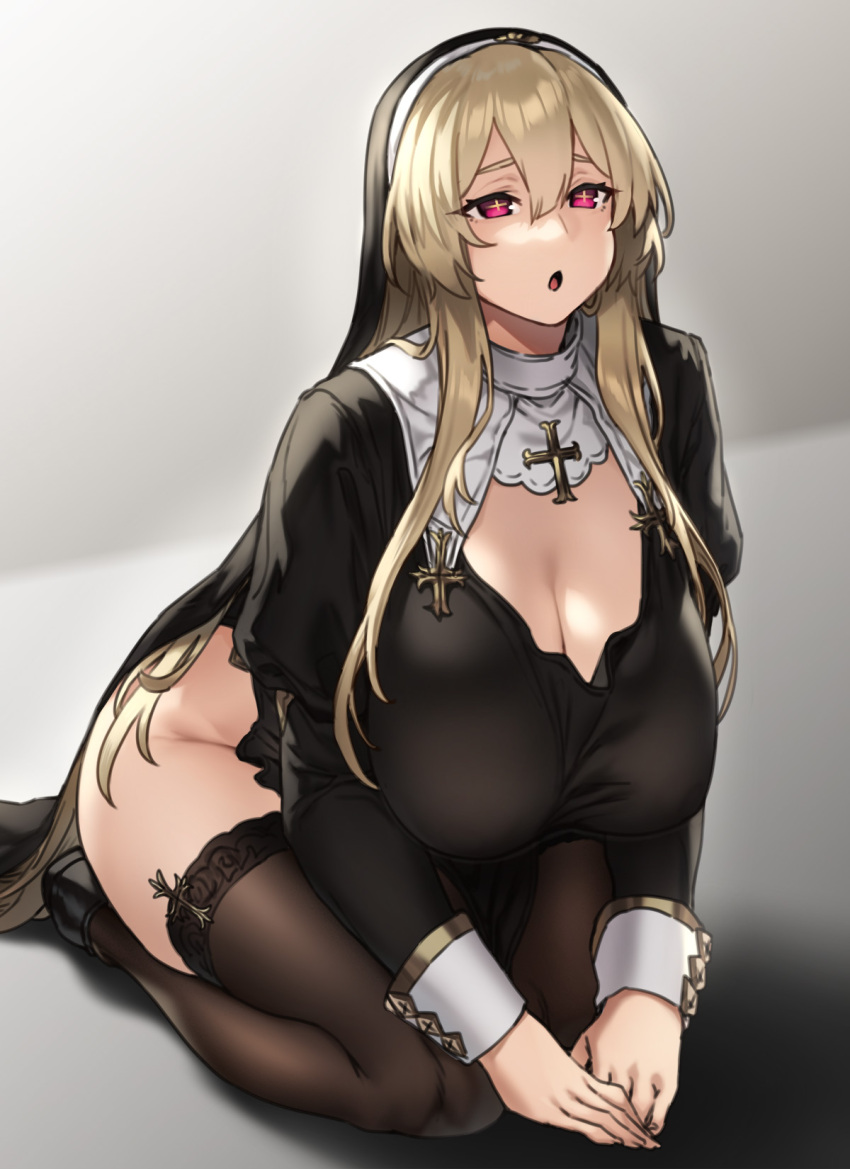 1girl :o bangs black_footwear black_headwear black_thighhighs blonde_hair blush breasts cleavage full_body grey_background highres houtengeki kneeling large_breasts long_sleeves nun open_mouth original pink_eyes thighhighs thighs