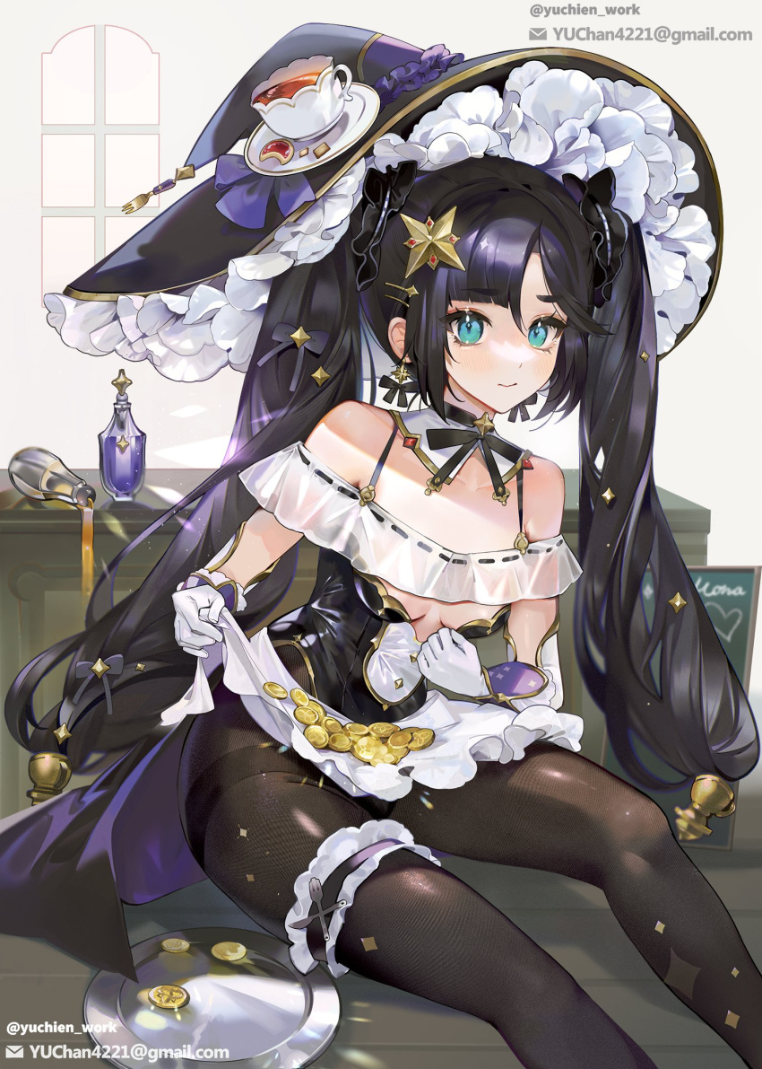 black_hair black_headwear black_leotard black_pantyhose bodysuit breasts coin cookie cup earrings elbow_gloves food fork genshin_impact gloves gold_trim green_eyes hair_ornament hat hat_ornament highleg highleg_leotard highres holding holding_clothes jewelry knife leotard long_hair looking_at_viewer maid maid_headdress mona_(genshin_impact) pantyhose plate ribbon ribbon_earrings scrunchie see-through sitting sleeveless small_breasts star_(symbol) strapless strapless_leotard teacup thigh_strap thighband_pantyhose twintails waist_cape white_gloves witch_hat yu_chien_(yuchien4221)