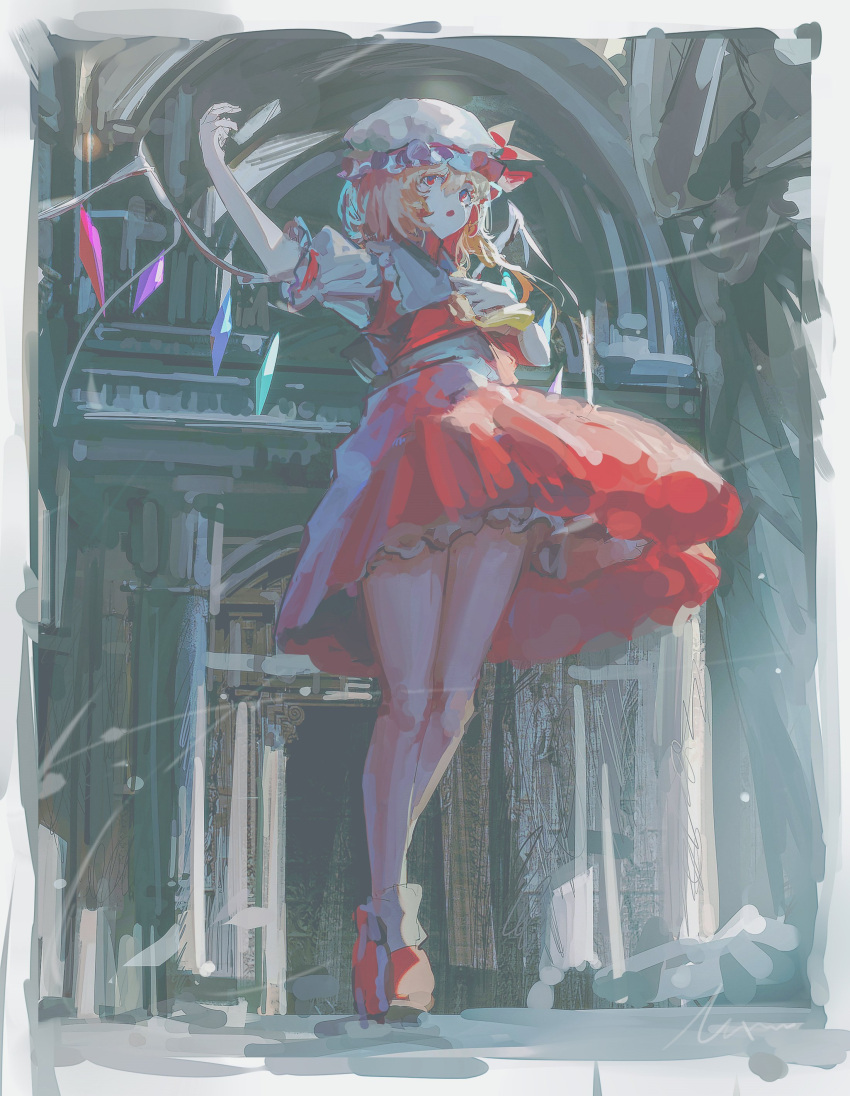 1girl absurdres alcxome ascot blonde_hair crystal flandre_scarlet frilled_skirt frills full_body hand_on_own_chest hand_up hat hat_ribbon highres legs looking_at_viewer medium_hair mob_cap open_mouth puffy_short_sleeves puffy_sleeves red_eyes red_footwear red_ribbon red_skirt red_vest ribbon shirt shoes short_sleeves sketch skirt solo touhou vest white_headwear white_shirt wings yellow_ascot