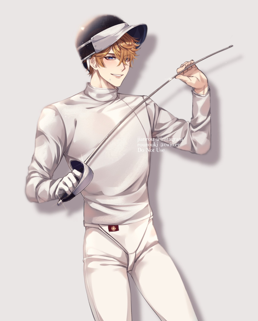 1boy blue_eyes fencing fencing_suit genshin_impact grey_background hat highres long_sleeves orange_hair pants rourouki shirt short_hair sportswear tartaglia_(genshin_impact) twitter_username weapon white_pants white_shirt