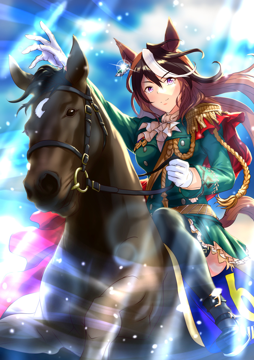 1girl absurdres aiguillette ascot black_thighhighs brown_hair cape cheesecake_(artist) commentary_request creature_and_personification diffraction_spikes earrings epaulettes fine_art_parody frilled_skirt frills glint gloves gold_trim green_skirt highres horse_girl horseback_riding jewelry light_rays long_hair medal miniskirt multicolored_hair namesake napoleon_crossing_the_alps parody partial_commentary purple_eyes real_life red_cape riding single_earring single_epaulette skirt symboli_rudolf_(racehorse) symboli_rudolf_(umamusume) thighhighs umamusume white_gloves white_hair