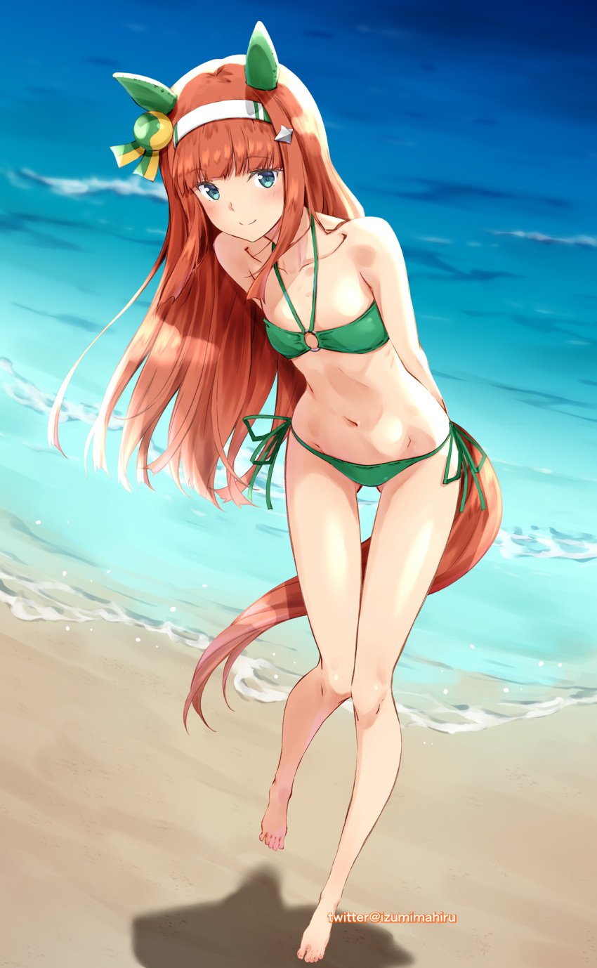 1girl animal_ears arms_behind_back barefoot beach bikini commentary_request ear_covers flat_chest full_body green_bikini green_eyes highres hime_cut horse_ears horse_girl horse_tail izumi_mahiru leaning_forward long_hair looking_at_viewer orange_hair side-tie_bikini silence_suzuka_(umamusume) skirt solo swimsuit tail umamusume