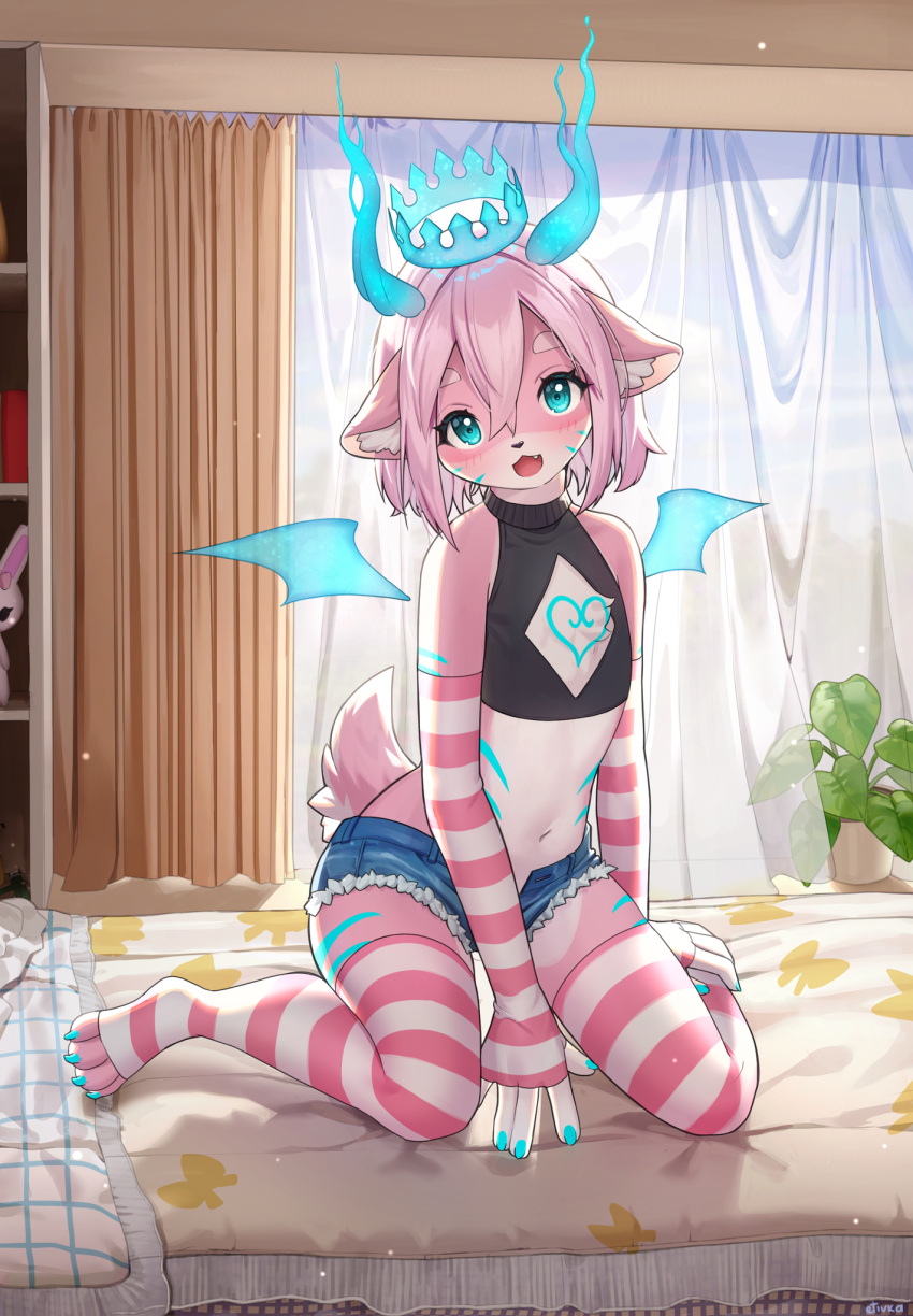 &lt;3 animal_humanoid anthro arm_warmers armwear bed black_clothing black_topwear blue_eyes blue_fingernails bottomwear chest_tuft clothing crop_top crown curtains cute_expression detailed_background domestic_cat ears_down etiv eyelashes fangs felid feline felis first_person_view fluffy fluffy_tail footwear from_front_position fur furniture girly gloves hair handwear hi_res horn humanoid hybrid kemono lagomorph lagomorph_humanoid legwear leporid leporid_humanoid looking_at_viewer looking_down magic male mammal mammal_humanoid pattern_bottomwear pattern_clothing pattern_legwear pattern_socks pattern_stockings pink_body pink_clothing pink_footwear pink_fur pink_socks pivoted_ears plant plant_pot rabbit rabbit_humanoid scut_tail shirt short_tail shorts smile socks solo stockings striped_body striped_bottomwear striped_clothing striped_fur striped_legwear striped_stockings stripes thigh_clothing thigh_highs topwear tuft wings yami_(lust) yamikadesu