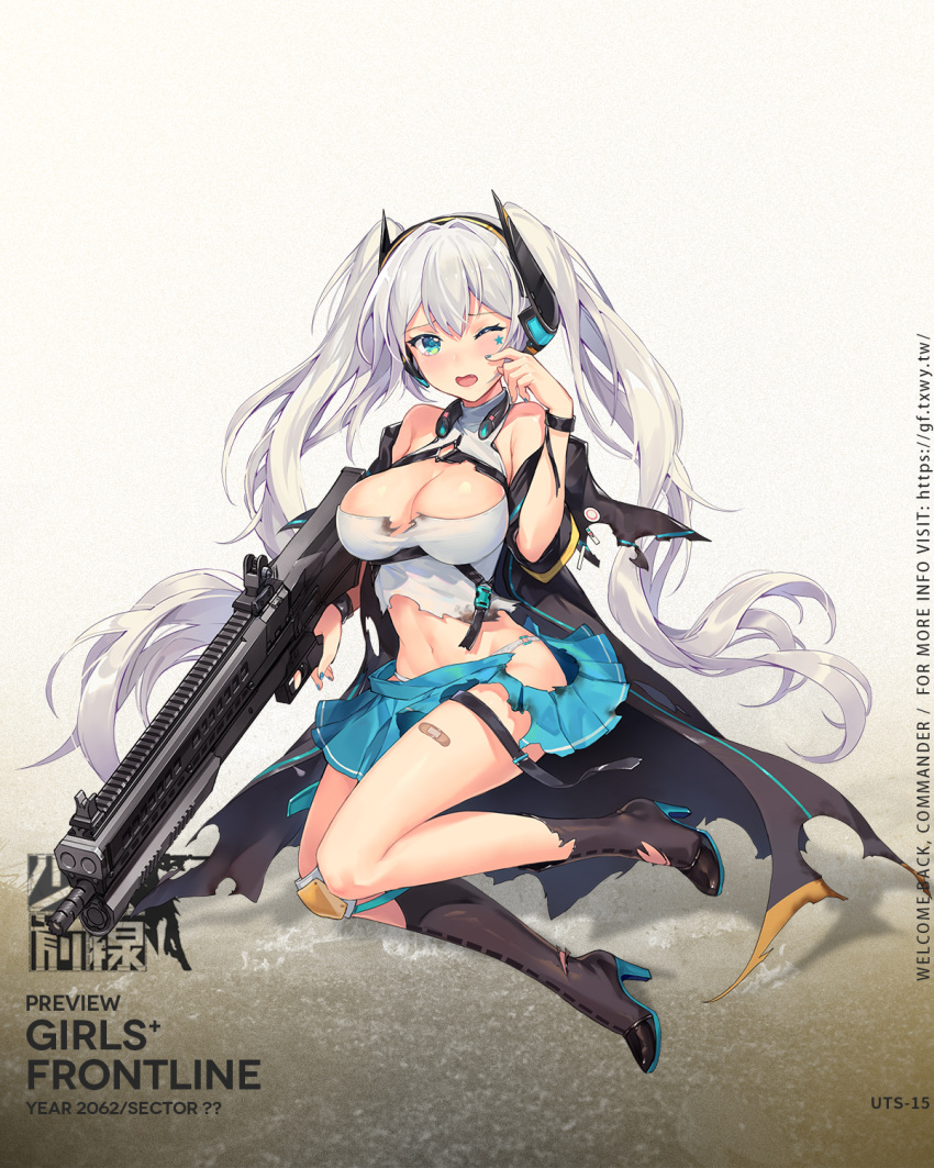 1girl aqua_eyes aqua_footwear aqua_nails aqua_skirt asymmetrical_legwear atdan bangs bare_shoulders black_jacket black_thighhighs blush breasts character_name cleavage copyright_name dress english_text facial_mark fang finger_to_cheek floor full_body girls'_frontline gun hairband headset high_heels highres holding holding_gun holding_weapon jacket jacket_pull knee_pads large_breasts legs long_hair looking_at_viewer nail_polish navel official_art on_floor one_eye_closed open_clothes open_jacket open_mouth parted_lips promotional_art shotgun simple_background skirt sleeves_rolled_up solo star_(symbol) star_facial_mark star_tattoo tattoo thighhighs torn_clothes torn_dress torn_footwear torn_jacket torn_skirt torn_thighhighs twintails uts-15 uts-15_(girls'_frontline) weapon white_dress white_hair