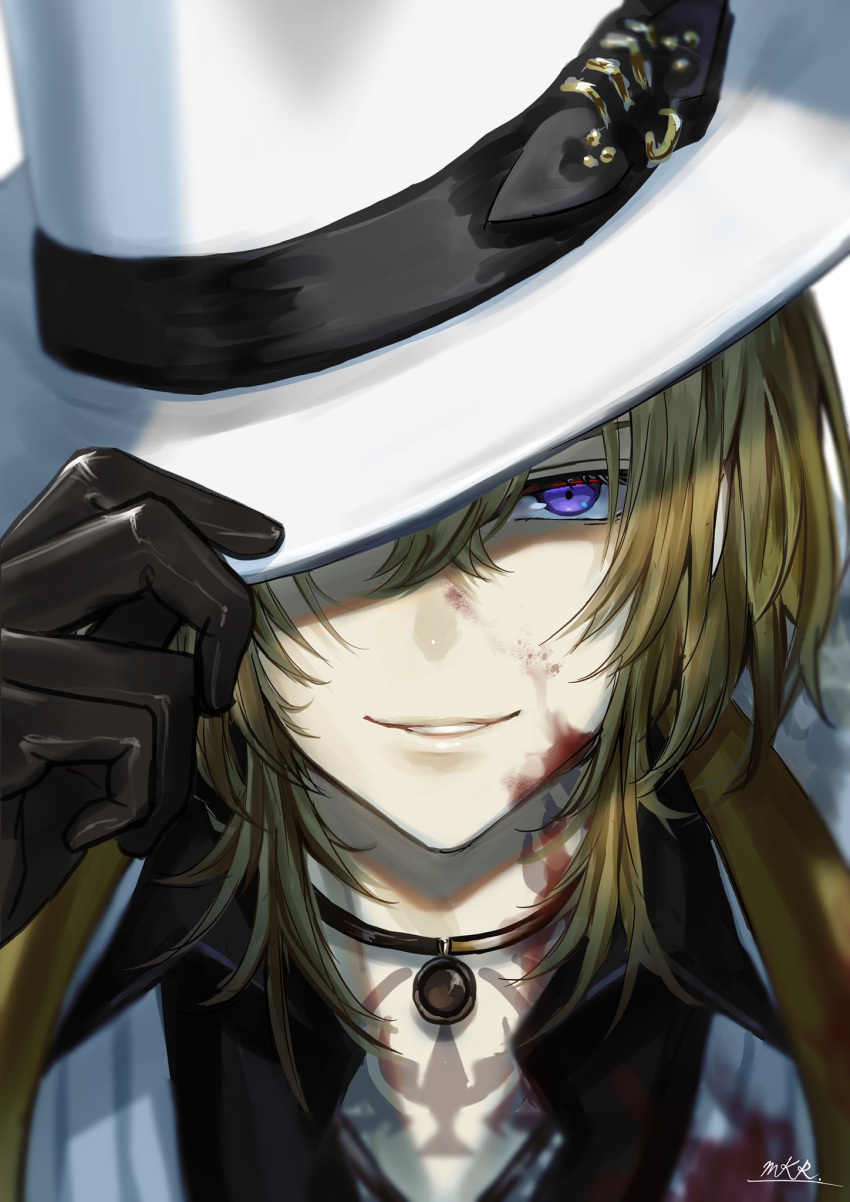 1boy adjusting_clothes adjusting_headwear bishounen black_choker black_gloves blonde_hair blood blood_on_face choker fedora gloves hat highres jacket long_sleeves luca_kaneshiro makura_wet male_focus nijisanji nijisanji_en purple_eyes shirt short_sidetail smile solo virtual_youtuber white_headwear white_jacket