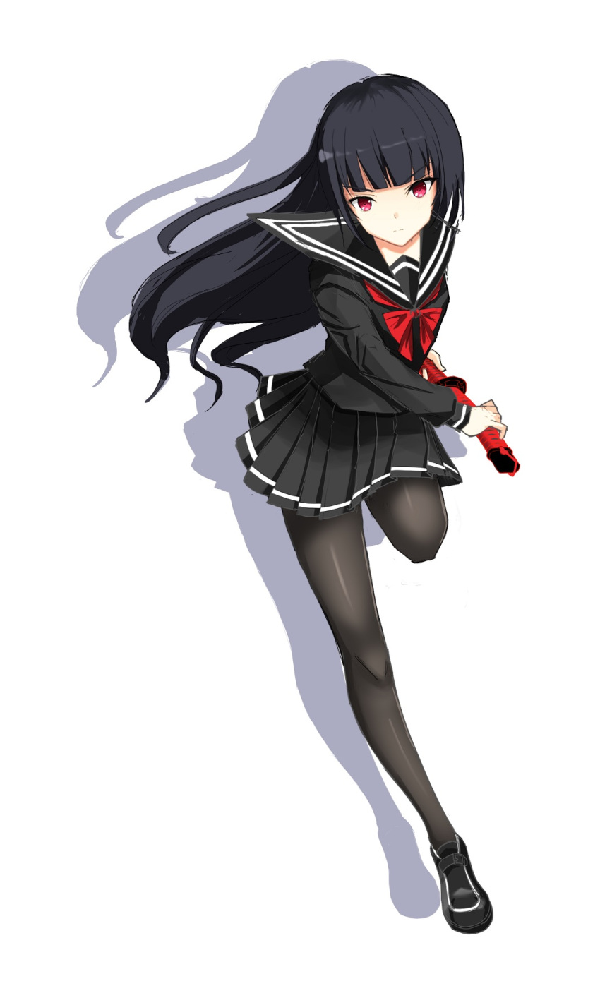 1girl bangs black_footwear black_hair black_pantyhose black_sailor_collar black_serafuku black_shirt black_skirt blunt_bangs closed_mouth collared_shirt floating_hair full_body highres holding holding_sheath holding_sword holding_weapon leg_up long_hair looking_at_viewer miniskirt neckerchief original osunahanko pantyhose pleated_skirt red_eyes red_neckerchief sailor_collar sailor_collar_lift sailor_shirt school_uniform serafuku shadow sheath sheathed shiny shiny_clothes shiny_hair shiny_legwear shirt simple_background skirt solo straight_hair sword very_long_hair weapon white_background