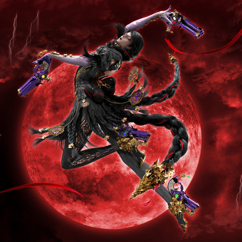 1girl 3d absurdres bayonetta bayonetta_(series) bayonetta_3 black_hair braid clothing_cutout earrings eyeshadow glasses gloves gun highres jewelry lipstick long_hair looking_at_viewer makeup mole mole_under_mouth moon multicolored_hair official_art red_hair ribbon simple_background smile solo streaked_hair twin_braids weapon