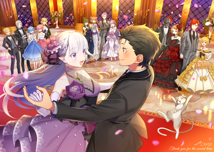 6+boys 6+girls :d \o/ aldebaran_(re:zero) anastasia_hoshin animal_ears arms_up ballroom bare_shoulders black_bow black_bowtie black_hair black_necktie blonde_hair blue_eyes blue_hair blurry blush bow bowtie braid breasts brown_hair candle cat_ears clapping cleavage closed_mouth collarbone crossdressing crossed_arms crusch_karsten dancing depth_of_field detached_sleeves dress emilia_(re:zero) english_text eye_contact felix_argyle felt_whitesnow floating flower formal frederica_baumann frilled_dress frills garfiel_tinsel gown green_hair grin hair_between_eyes hair_flower hair_ornament hair_over_one_eye hand_fan hand_to_own_mouth hands_on_own_face happy helmet highres holding_hands indoors jewelry julius_juukulius kumuo_(mirakurufusao) long_hair looking_at_another multiple_boys multiple_girls natsuki_subaru necklace necktie night open_mouth orange_hair otto_suewen outstretched_arms own_hands_together perspective petals pink_hair priscilla_barielle puck_(re:zero) purple_eyes purple_hair ram_(re:zero) re:zero_kara_hajimeru_isekai_seikatsu red_carpet red_eyes red_hair reflection reinhard_van_astrea rem_(re:zero) short_hair signature smile suit two-tone_dress white_hair yellow_eyes