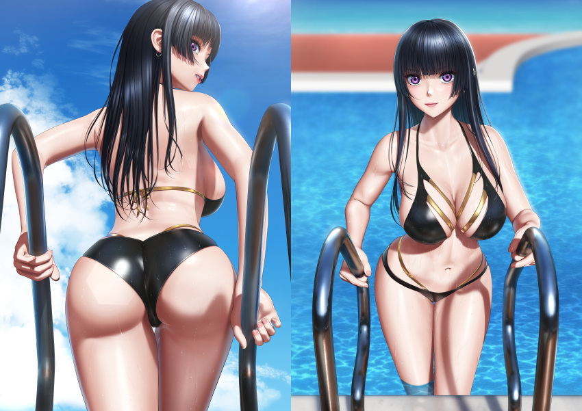 1girl absurdres ass back backboob bangs bare_back bare_shoulders bikini black_bikini black_hair black_swimsuit breasts cleavage closed_mouth collarbone earrings eye_piercing feet_out_of_frame from_behind highres jewelry lips long_hair looking_at_viewer looking_back medium_breasts navel on_water open_mouth original pool purple_eyes smile solo standing stomach swimsuit tai_(2vs) thighs water wet wet_clothes wet_swimsuit