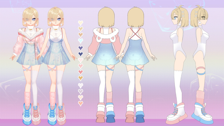 1girl absurdres asymmetrical_footwear bangs blue_eyes blue_skirt boots breasts chinese_commentary cropped_jacket earrings fur_trim hair_behind_ear hair_over_one_eye high-waist_skirt highres hood hooded_jacket indie_virtual_youtuber jacket jewelry k01_829 leotard medium_breasts mimishima_pyon mismatched_footwear official_art pink_jacket reference_sheet second-party_source single_thighhigh skirt thighhighs virtual_youtuber white_leotard white_thighhighs