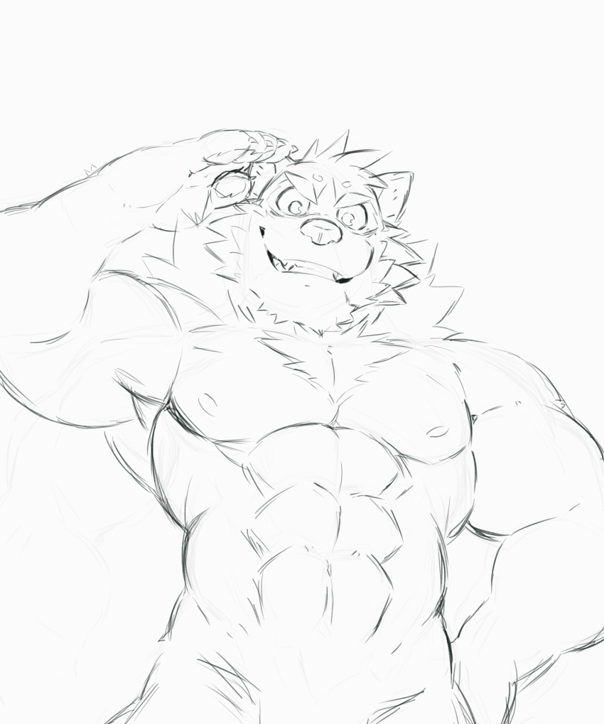 abs absurd_res anthro barrel_(live-a-hero) canid canine canis gesture grin heylaw21 hi_res lifewonders live-a-hero male mammal muscular muscular_anthro muscular_male nipples nude pecs salute sketch smile solo video_games wolf