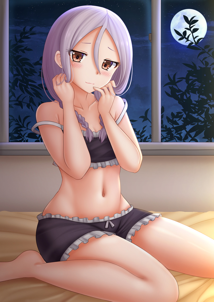 1girl bangs bare_arms bare_shoulders barefoot bed_sheet black_shorts blush braid breasts brown_eyes cleavage closed_mouth commentary frilled_shorts frills full_moon hair_between_eyes hair_over_shoulder hands_up highres indoors kazenokaze looking_at_viewer low_twintails moon navel night night_sky parted_bangs purple_hair short_shorts shorts sitting sky small_breasts smile solo soredemo_ayumu_wa_yosetekuru star_(sky) starry_sky strap_slip twin_braids twintails wariza yaotome_urushi