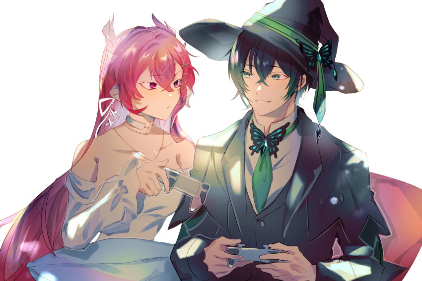 1boy 1girl black_hair black_headwear black_jacket black_vest cloud9 collarbone commission controller detached_sleeves dress english_commentary green_eyes green_necktie highres holding holding_controller horns indie_virtual_youtuber jacket jewelry looking_to_the_side necklace necktie pink_eyes pink_hair plus_q second-party_source shirt sitting skeb_commission smile socratic_(vtuber) strapless strapless_dress vest vienna_(vtuber) white_background white_dress white_shirt