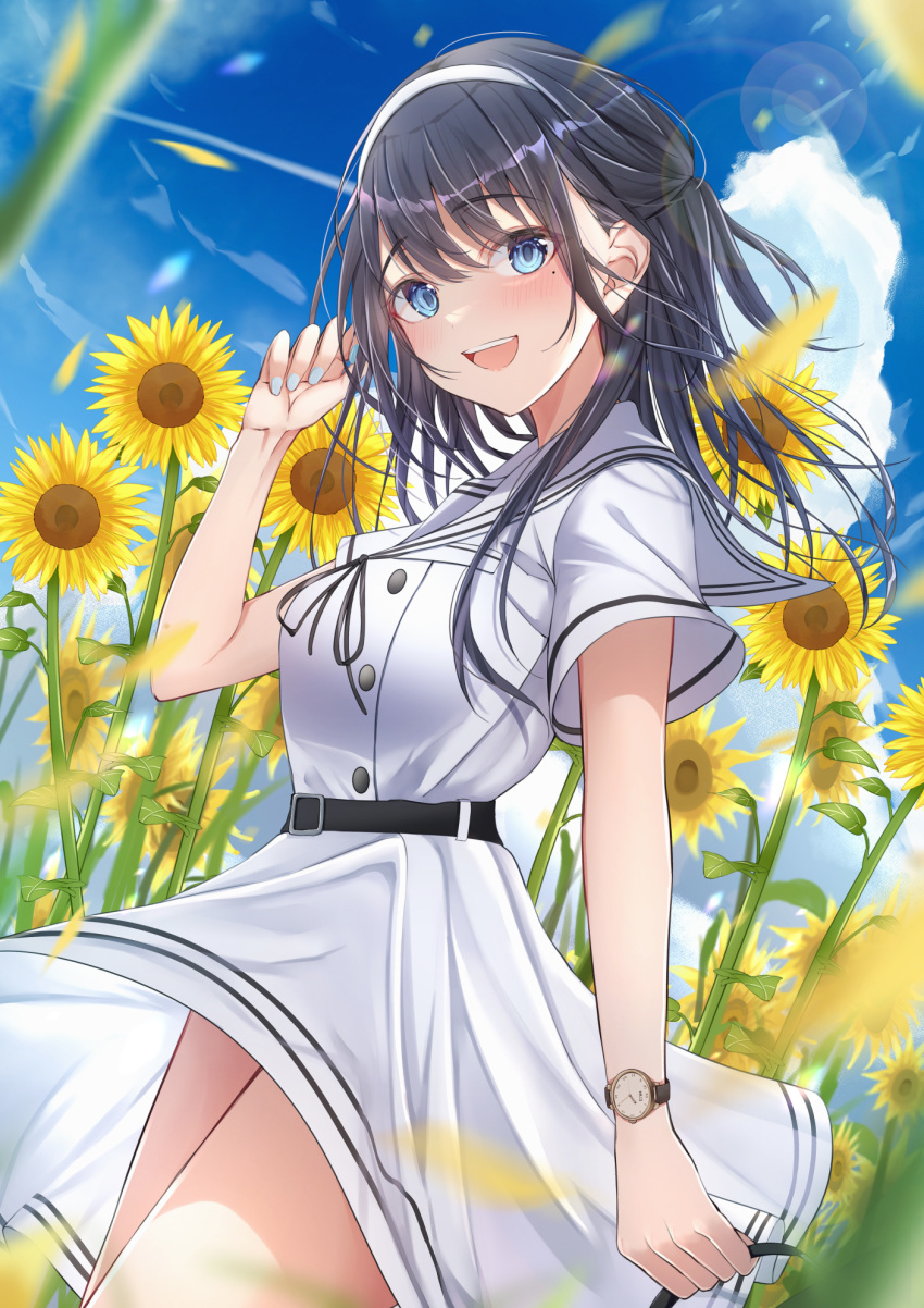 1girl bangs belt black_hair blue_eyes blue_sky blurry cloud commentary_request day depth_of_field dress flower hair_between_eyes hairband highres lens_flare long_hair looking_at_viewer open_mouth original outdoors sailor_collar sailor_dress school_uniform serafuku short_sleeves sky smile solo sunflower sunflower_petals teeth upper_teeth watch white_dress white_sailor_collar wristwatch yzk_knmn