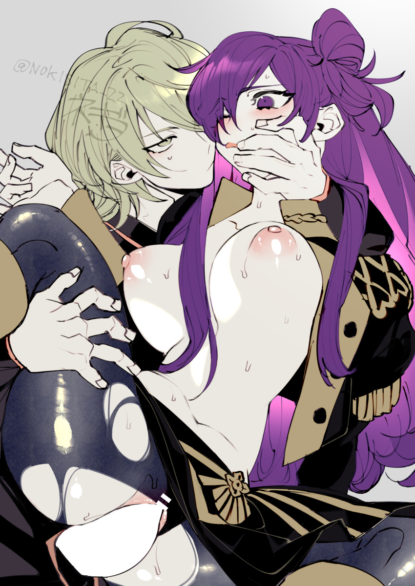 1boy 1girl alternate_hair_color bangs blush breasts byleth_(fire_emblem) byleth_(fire_emblem)_(male) censored embarrassed enlightened_byleth_(male) fire_emblem fire_emblem:_three_houses fire_emblem_warriors:_three_hopes garreg_mach_monastery_uniform green_eyes green_hair hair_bun hair_over_one_eye hetero highres large_breasts long_hair long_sleeves negiwo nervous nipples open_mouth pantyhose penis pussy sex short_hair skirt spread_legs sweat vaginal