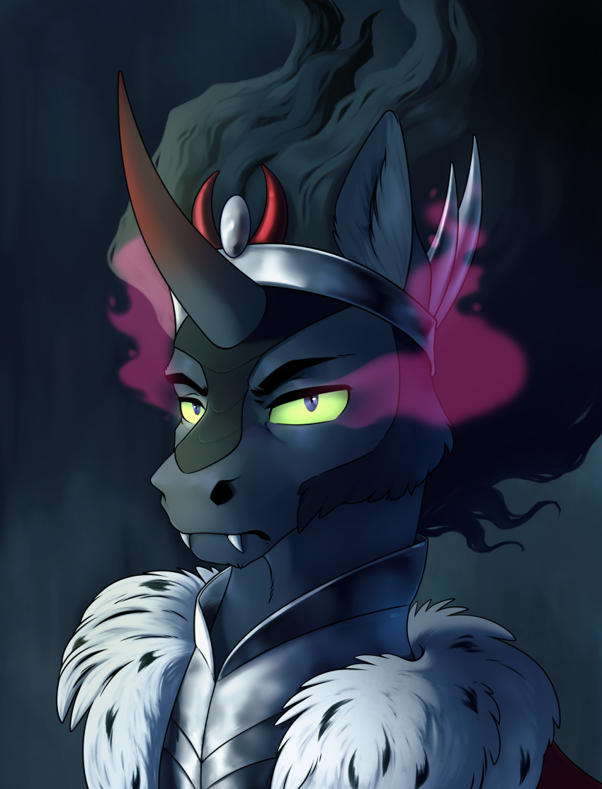 28gooddays absurd_res armor black_hair crown equid equine eye_mist fangs friendship_is_magic fur green_sclera hair hi_res horn king_sombra_(mlp) male mammal my_little_pony portrait purple_eyes unicorn