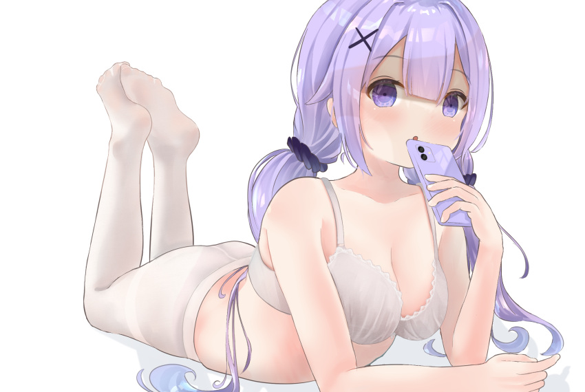 1girl :o azur_lane blush bra breasts cellphone commentary_request feet hair_ornament hair_scrunchie highres long_hair looking_at_viewer low_twintails lying medium_breasts mukaino_kei no_shoes on_stomach pantyhose phone purple_eyes purple_hair scrunchie shaded_face simple_background soles solo the_pose twintails underwear unicorn_(azur_lane) white_background white_bra white_pantyhose x_hair_ornament