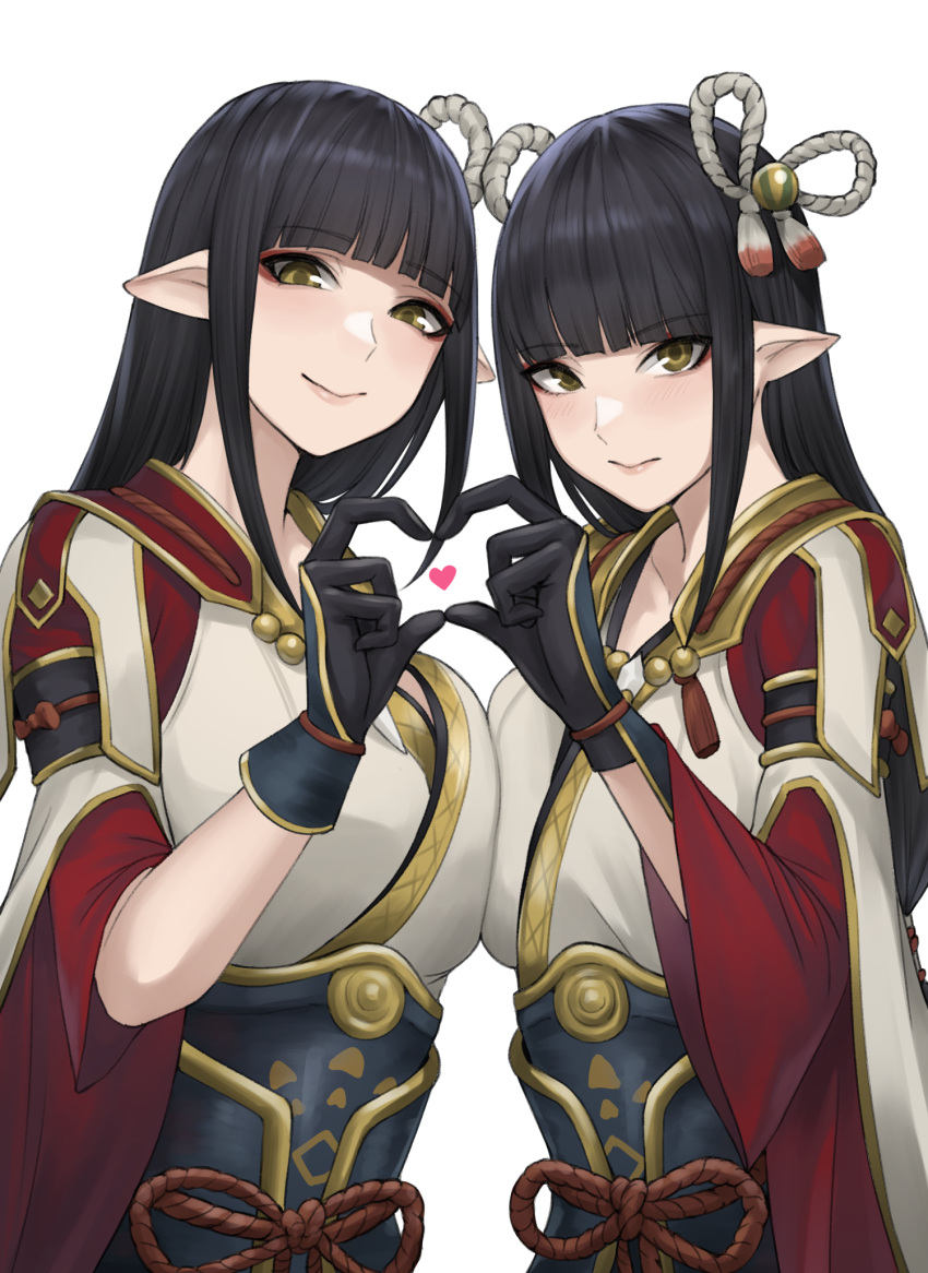 2girls bangs black_hair blunt_bangs breast_press breasts globe gloves hair_ornament heart heart_hands heart_hands_duo highres hinoa large_breasts long_hair looking_at_viewer looking_back minoto monster_hunter_(series) monster_hunter_rise multiple_girls nyatokanyaru pointy_ears simple_background smile symbol-only_commentary symmetrical_docking upper_body white_background wide_sleeves yellow_eyes