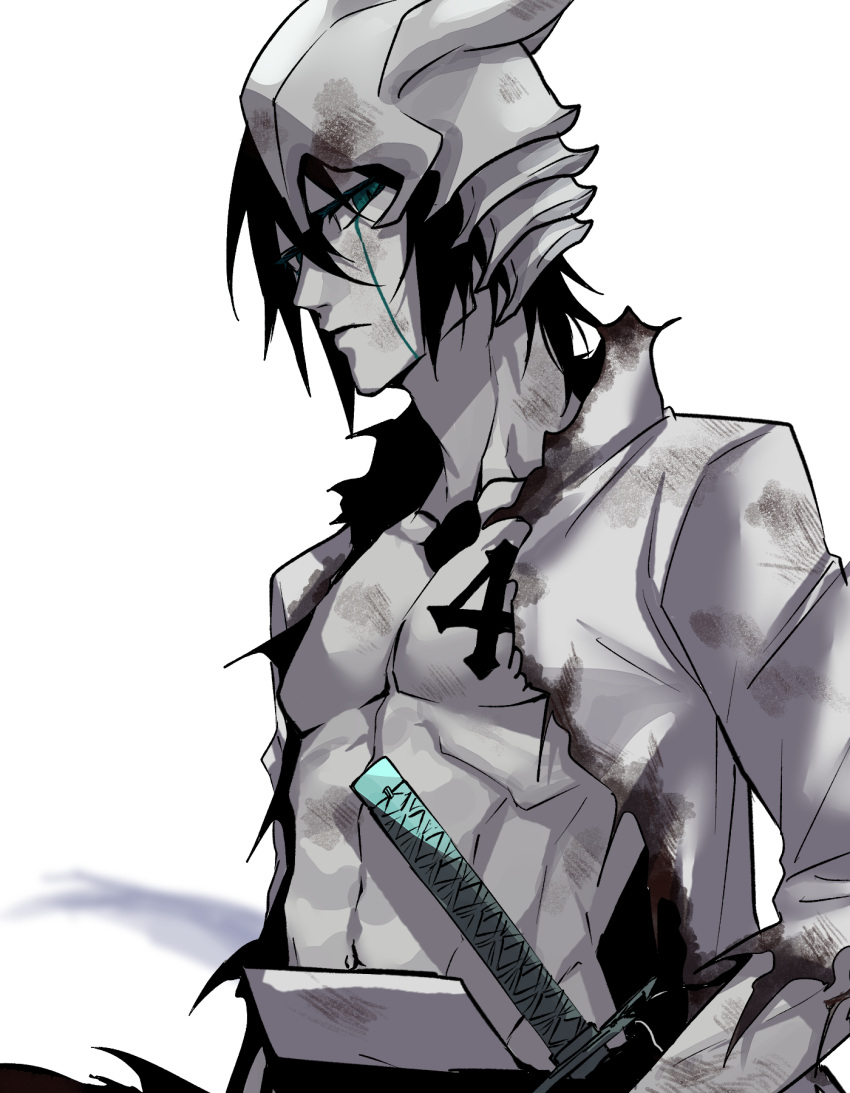 1boy black_hair bleach burnt_clothes coat collarbone colored_skin green_eyes highres hishui_prpr male_focus pectorals sheath sheathed short_hair simple_background solo sword ulquiorra_cifer weapon white_background white_coat white_skin