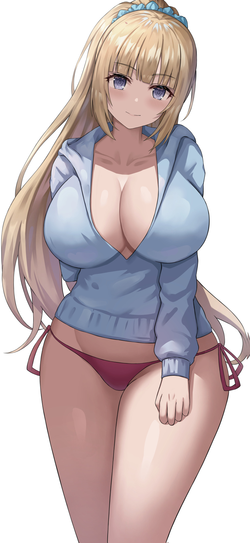 1girl absurdres bangs bikini bikini_bottom_only blonde_hair blue_eyes blue_jacket blue_scrunchie blunt_bangs breasts cleavage closed_mouth collarbone commentary_request hair_ornament hair_scrunchie highres jacket jasony karuizawa_kei large_breasts long_hair long_sleeves looking_at_viewer ponytail red_bikini scrunchie side-tie_bikini smile solo standing swimsuit thighs youkoso_jitsuryoku_shijou_shugi_no_kyoushitsu_e