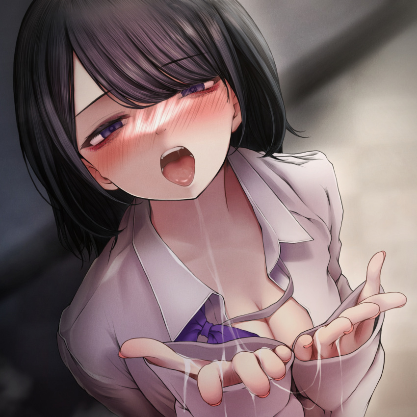 1girl bangs black_hair blurry blurry_background blush bow bowtie breasts cleavage collared_shirt commentary_request cum cum_in_mouth cum_on_hands cum_string dress_shirt from_above highres large_breasts long_hair long_sleeves looking_at_viewer loose_bowtie nail_polish nose_blush open_mouth orange_nails original partially_unbuttoned purple_bow purple_bowtie purple_eyes round_teeth shirt sigmart03 sleeves_past_wrists solo teeth tongue tongue_out upper_body white_shirt