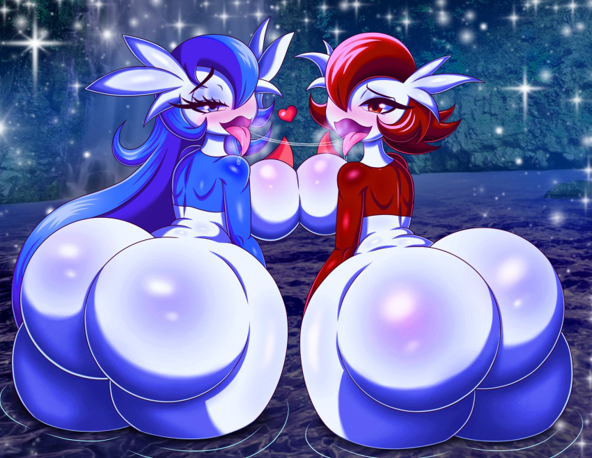 big_breasts big_butt blue_body blue_eyes blue_eyeshadow blue_hair bodily_fluids breast_squish breasts butt drawsfigures duo eyelashes eyeshadow female gardevoir hair hi_res huge_breasts huge_butt humanoid long_hair looking_at_viewer looking_back looking_back_at_viewer makeup night nintendo open_mouth pink_tongue pok&eacute;mon pok&eacute;mon_(species) red_body red_eyes red_hair saliva saliva_on_tongue saliva_string shiny_pok&eacute;mon short_hair sparkles squish standing_in_water thick_thighs tongue video_games water waterfall white_body wide_hips