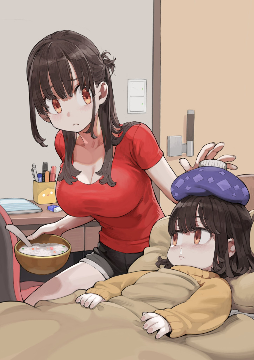 2girls age_difference bed blanket bowl breasts brown_eyes brown_hair chair child cleavage commentary_request desk door eraser frown highres holding holding_bowl ice_pack indoors jun_(seojh1029) large_breasts lying marker multiple_girls notepad original pen pillow porridge red_shirt rice_porridge runny_nose shirt shorts siblings sick sisters sleeves_past_wrists snot sparkling_eyes spoon sweater t-shirt tearing_up under_covers