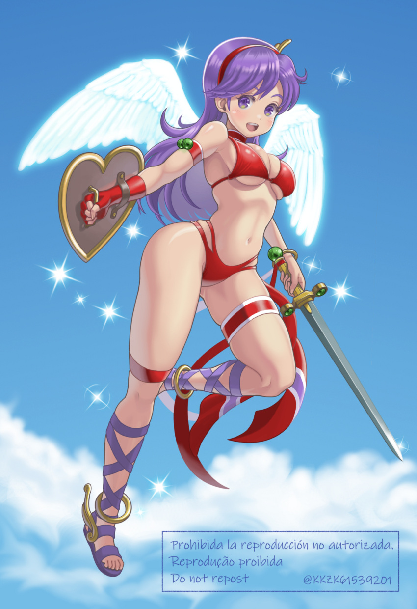 1girl angel_wings armband athena_(series) bikini breasts credits hair_ornament highres kkzk61539201 large_breasts legband long_hair looking_at_viewer princess_athena purple_hair red_bikini sandals shield sky smile swimsuit sword weapon wings